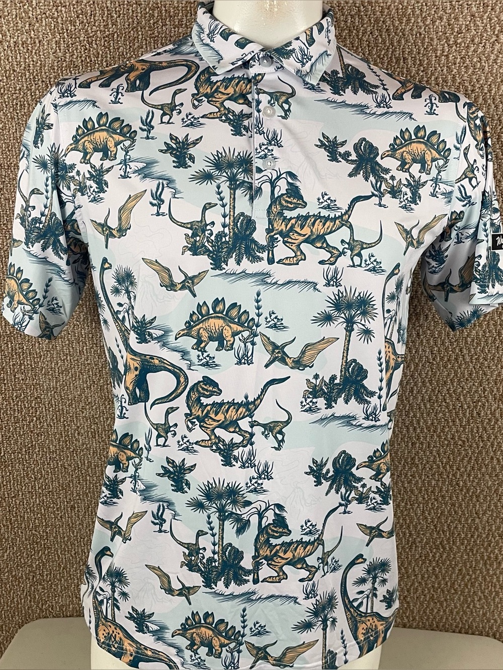 Waggle Polo Shirt Mens Large Dinosaur Print Short Sleeve Summer Golf Stretch 356